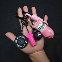 (pink) Mini Fitness Kettlebell Dumbbell Keychain with Faux Leather Boxing Glove Charm