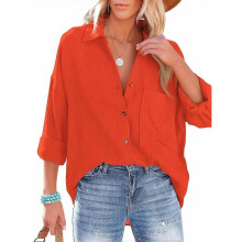 (L, orange red) 2025 Fashion Candy Color Shirt with Pocket for Women, Korean Casual Style Long Sleeve Blouse, Polyester Wrinkle-Free