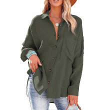 (XL, grey) 2025 Fashion Candy Color Shirt with Pocket for Women, Korean Casual Style Long Sleeve Blouse, Polyester Wrinkle-Free