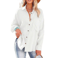 (XXL, white) 2025 Fashion Candy Color Shirt with Pocket for Women, Korean Casual Style Long Sleeve Blouse, Polyester Wrinkle-Free