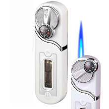 Windproof Refillable Butane Torch Lighter with Visible Fuel Window, Adjustable Flame Metal Lighter for Camping (White 1)