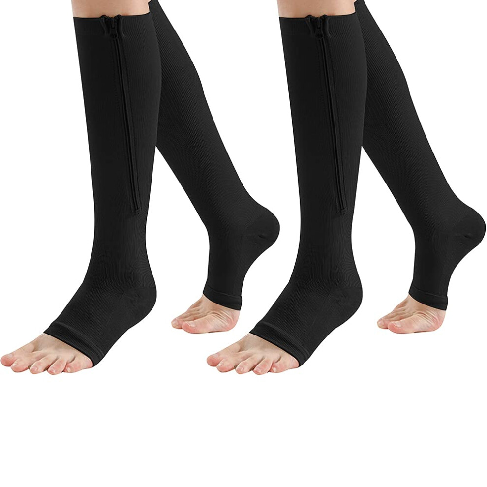 Black Zipper Compression Socks 2 Pairs 1520Mmhg Open Toe Support For Circulation L/Xl