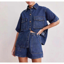 (M, Dark Blue  Suit) Retro casual loose pocket short-sleeved shirt shorts denim two-piece suit