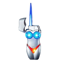 Refillable Metal Butane Torch Lighter, Windproof Blue Flame with Adjustable Flame Control for Camping Travel and Candles, Silver