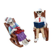 Unique Skeleton Couple Sculpture Reading Book On Resins Rocking