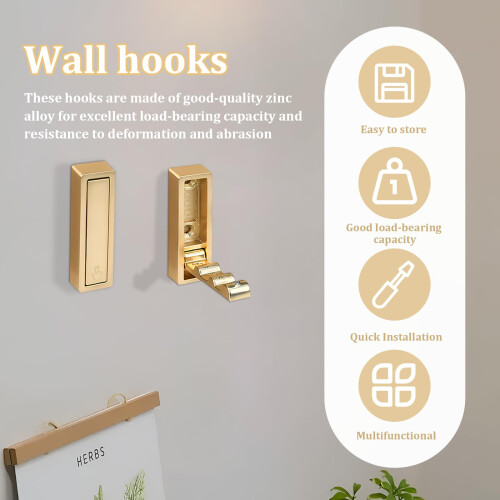 4 Pack Gold Foldable Wall Hooks, Heavy Duty Rustproof Coat Hooks Wall Mounted for Small Spaces 2