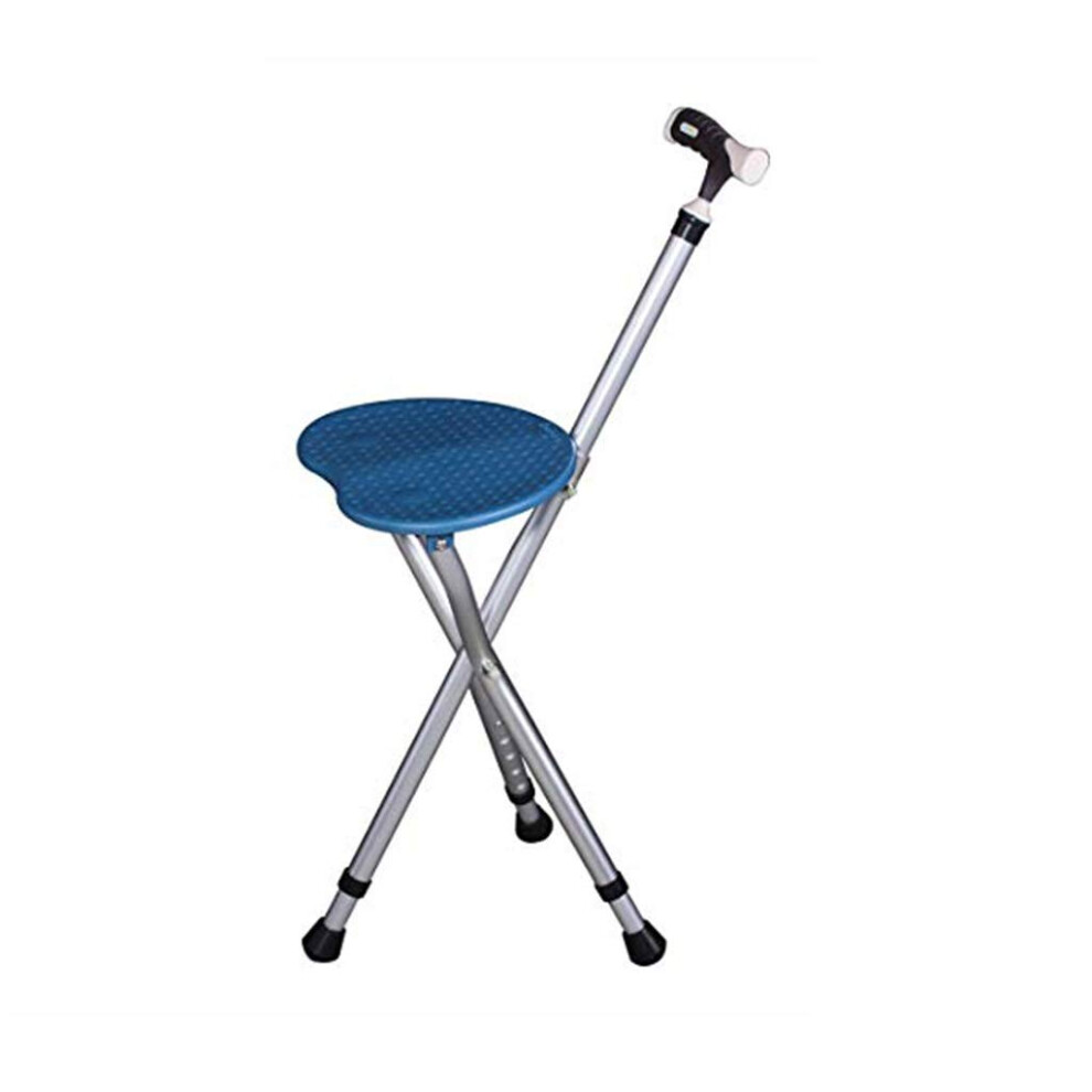 Blue Folding Cane With Seat For Elderly, Adjustable Aluminum Walking Stick Chair With Foldable Tripod Stool,
