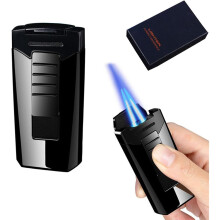 Double Flame Butane Torch Lighter, Windproof Adjustable Jet Lighter for Camping BBQ Candle Gift, Black