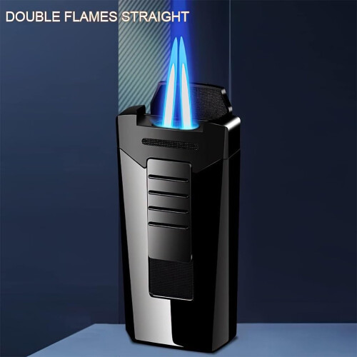 Double Flame Butane Torch Lighter, Windproof Adjustable Jet Lighter for Camping BBQ Candle Gift, Black 2