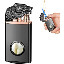Jet Flame Dual Flame Wolf Head Butane Refillable Lighter, Windproof Torch with Visible Fuel Window, Matte Black Gift for Men
