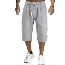 (M, Grey) Men Summer Linen Look Capri Pants Casual Elastic Waist 3/4 Length Trousers Plus Size - KM