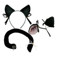 (Black) Japanese Anime Lolita Plush Kitten Ears Hair Accessories with Long Tail Set Sweet Bowknot Bell Headband Hair Clips Maid Cosplay Costume White