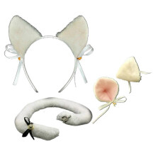 (White) Japanese Anime Lolita Plush Kitten Ears Hair Accessories with Long Tail Set Sweet Bowknot Bell Headband Hair Clips Maid Cosplay Costume White