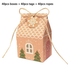 (40 Sets, snowflake) 5 Pcs Kraft Paper House Shape With Ropes Christmas Tree Candy Gift Bags Cookie Pouch Packaging Boxes