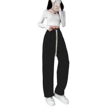 (S, Black) Womens Fleece Lined Solid Color Long Pants Drawstring High Waist Straight Wide Leg Sweatpants Streetwear with Pockets White XL