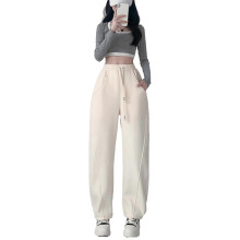 (S, White) Womens Fleece Lined Solid Color Long Pants Drawstring High Waist Straight Wide Leg Sweatpants Streetwear with Pockets White XL