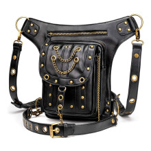 Punk Waist Bag with Secure Leg Strap, Gothic Thigh Pouch for Women and Men, PU Leather Chain Design