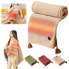 Cordless Heated Shawl for Women, USB Heated Blanket Wrap with 3 Heating Levels, Soft Khaki Tassel Design