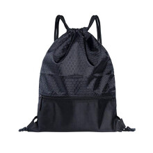 Large Capacity Waterproof Nylon Drawstring Backpack with Zipper Pocket for Gym Travel Sports (Black)