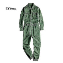 (XXL 68 - 75 KG, green) Overalls Men's Jumpsuit Loose Long Sleeve Lapel Beam Feet Cotton - KM