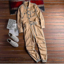 (4XL 80 - 85 KG, Khaki) Overalls Men's Jumpsuit Loose Long Sleeve Lapel Beam Feet Cotton - KM