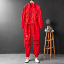 (L  60 - 65 KG, Red) Overalls Men's Jumpsuit Loose Long Sleeve Lapel Beam Feet Cotton - KM