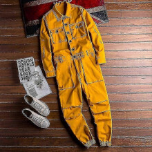 (L  60 - 65 KG, YELLOW) Overalls Men's Jumpsuit Loose Long Sleeve Lapel Beam Feet Cotton - KM