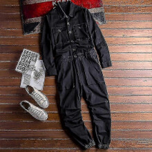 (XXXL 75 - 80 KG, black) Overalls Men's Jumpsuit Loose Long Sleeve Lapel Beam Feet Cotton - KM