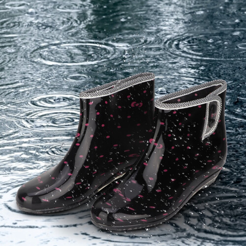 1 Pair PVC Rain Boots 39/40 Black Pink Spots