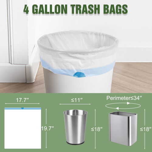 Small Trash Bags 4 Gallon Drawstring 200 Count, Strong Unscented White Bathroom Trash Can Liners 1