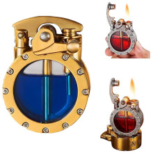 Vintage Steampunk Transparent Kerosene Lighter Gold, Refillable Windproof Design with Visible Fuel Level