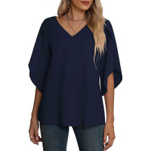 (M, Navy Blue) Women Casual T Shirt Solid Color Mid-length Sleeve Blouse Female Top Vintage V Neck Top Tee Shirt Breathable for Commute Burgundy XL