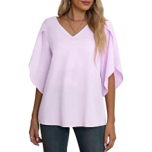 (XL, glitter) Women Casual T Shirt Solid Color Mid-length Sleeve Blouse Female Top Vintage V Neck Top Tee Shirt Breathable for Commute Burgundy XL