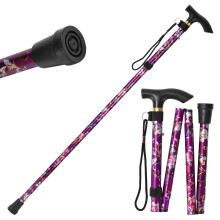 Folding Walking Cane for Seniors Women, Adjustable Lightweight Aluminum Cane with Ergonomic TGrip and Wrist Strap, Purple Flowers