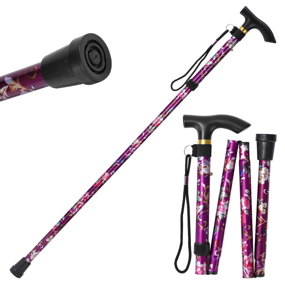 Purple Folding Walking Cane For Seniors Women, Adjustable Lightweight Aluminum Cane With Ergonomic Tgrip And Wrist Strap, Flowers