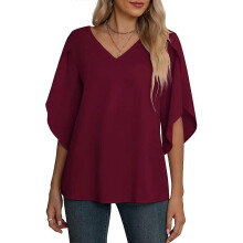 (XL, Burgundy) Women Casual T Shirt Solid Color Mid-length Sleeve Blouse Female Top Vintage V Neck Top Tee Shirt Breathable for Commute Burgundy XL