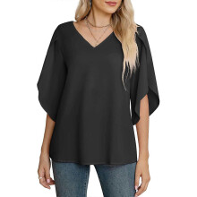 (L, Black) Women Casual T Shirt Solid Color Mid-length Sleeve Blouse Female Top Vintage V Neck Top Tee Shirt Breathable for Commute Burgundy XL