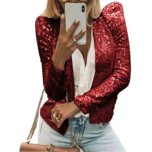 (M, Red) Women's Sequin Jacket Open Front Long Sleeve Crop Blazer Puff Sleeve Sparkly Coats Christmas Disco Sparkling Top