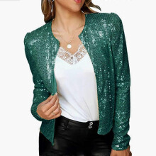 (M, Atrovirens) Women's Sequin Jacket Open Front Long Sleeve Crop Blazer Puff Sleeve Sparkly Coats Christmas Disco Sparkling Top