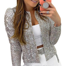 (XL, Silver) Women's Sequin Jacket Open Front Long Sleeve Crop Blazer Puff Sleeve Sparkly Coats Christmas Disco Sparkling Top
