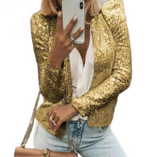 (XXXL, Gold) Women's Sequin Jacket Open Front Long Sleeve Crop Blazer Puff Sleeve Sparkly Coats Christmas Disco Sparkling Top