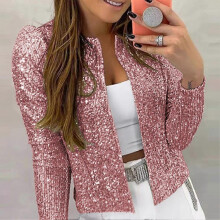 (L, Pink) Women's Sequin Jacket Open Front Long Sleeve Crop Blazer Puff Sleeve Sparkly Coats Christmas Disco Sparkling Top