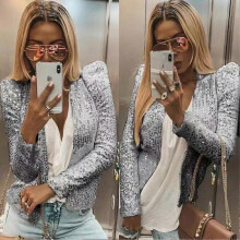 (S, Grey) Women's Sequin Jacket Open Front Long Sleeve Crop Blazer Puff Sleeve Sparkly Coats Christmas Disco Sparkling Top