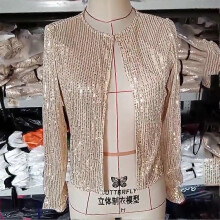 (2XL, Rose Gold) Women's Sequin Jacket Open Front Long Sleeve Crop Blazer Puff Sleeve Sparkly Coats Christmas Disco Sparkling Top
