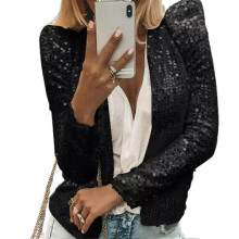 (L, Black) Women's Sequin Jacket Open Front Long Sleeve Crop Blazer Puff Sleeve Sparkly Coats Christmas Disco Sparkling Top