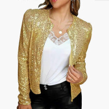 (3XL, Dark gold) Women's Sequin Jacket Open Front Long Sleeve Crop Blazer Puff Sleeve Sparkly Coats Christmas Disco Sparkling Top