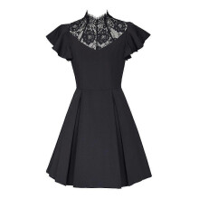 (S, A) Vintage Gothic Lace Patchwork Dress  Black High Neck Flutter Sleeve Retro Skater Dress for Women