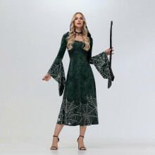 (XL, C) Womens Witch Hooded Costume Dress Gothic Bell Sleeve Halloween Outfit Perfect for Parties & Themed Events