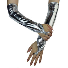 (Silver) Glossy Coated Long Gloves Women Cool Club Wear Arm Sleeves for Evening Party Long Fingerless Gloves Carnivals Props Silver