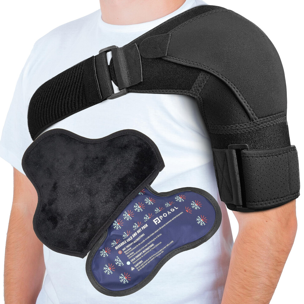 XSmall Black Shoulder Brace with Hot and Cold Gel Pack, Adjustable Support for Pain Relief